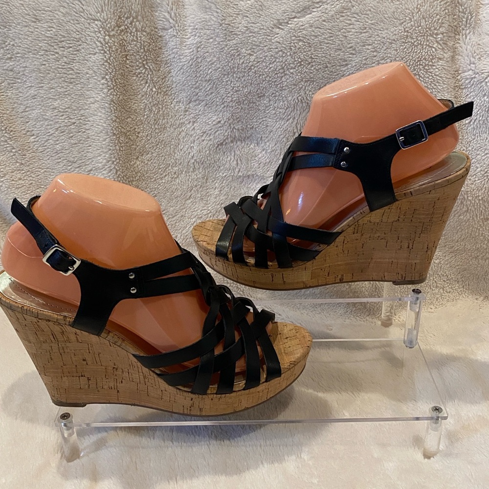 Guess WGeppie Black Strappy Leather Cork Wedge Slingback Sandals Size 9 VGC - Picture 2 of 16